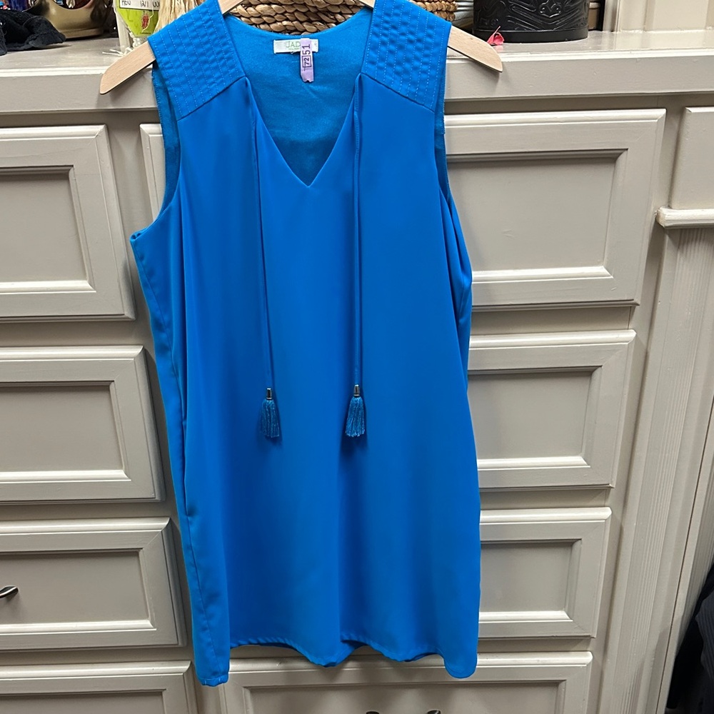 Jade Blue Sleeveless Dress with Tassels and Pockets